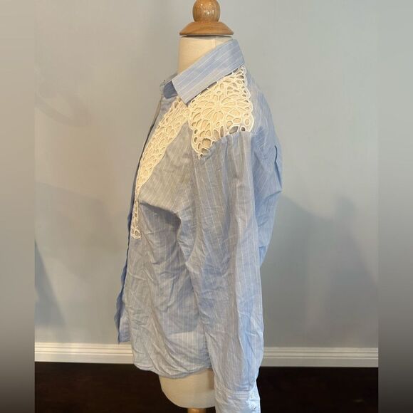 Sandro Blue White Strip Lace Insert Long Sleeve Button Down Blouse Shirt size 2 - Picture 5 of 15